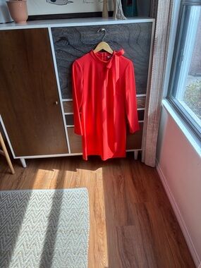 Red Long-Sleeve Bow Neck Shift Dress
